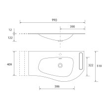 Salgar Waschtisch MAM 990 links mit Handtuchhalter mit Handtuchhalter, ohne Siphon und Clickerabfluss SOLID SURFACE WEIß MATT 990 x 12 x 510 mm